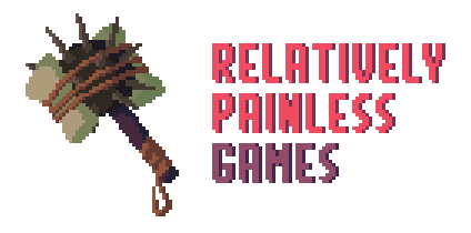 A pixel-art drawing of a mediaval mace padded with pillows, with the writing 'Relatively Painless Games' next to it.